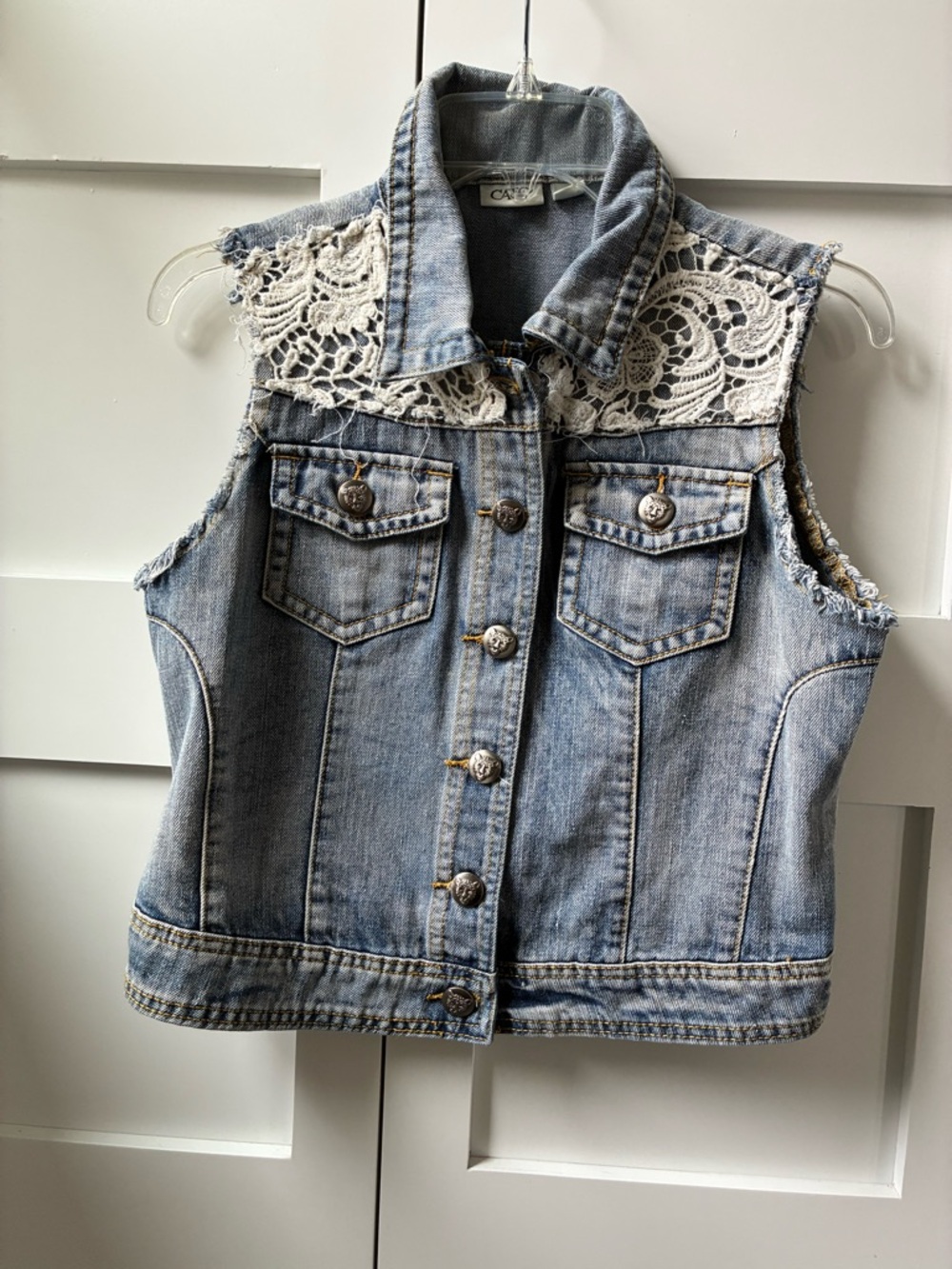 Festival Ready Crochet Accent Denim Vest With Leopard Head Button Detail